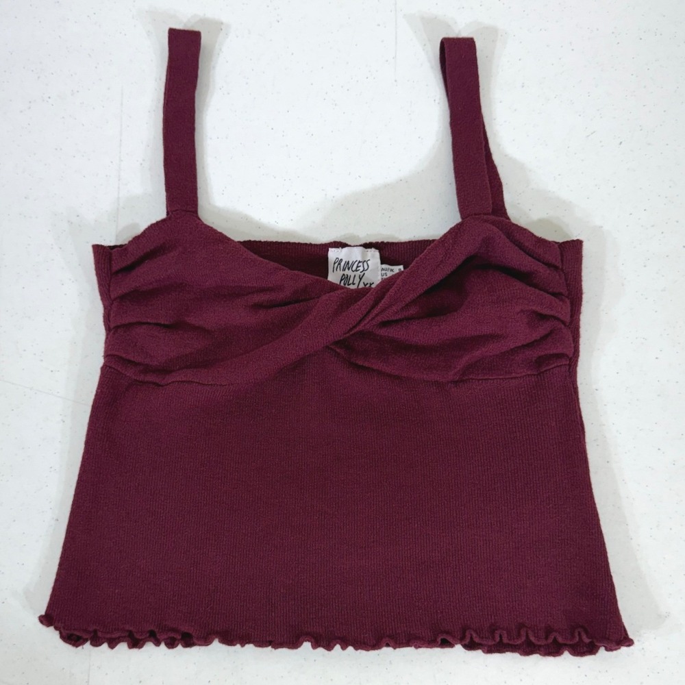 Princess Polly Crop Knit Tank Top Size 4 Burgundy Twist Front Ribbed Lettuce Hem